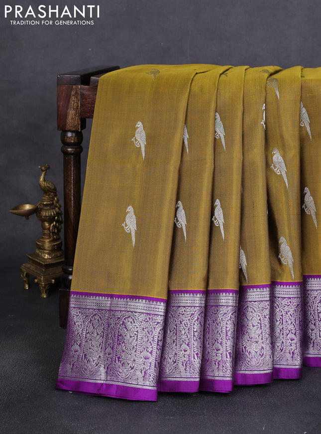 Venkatagiri silk saree mehendi green and violet with silver zari woven buttas and silver zari woven border