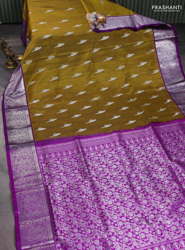 Venkatagiri silk saree mehendi green and violet with silver zari woven buttas and silver zari woven border