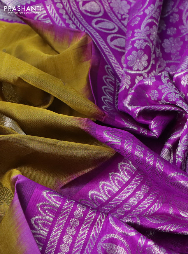 Venkatagiri silk saree mehendi green and violet with silver zari woven buttas and silver zari woven border