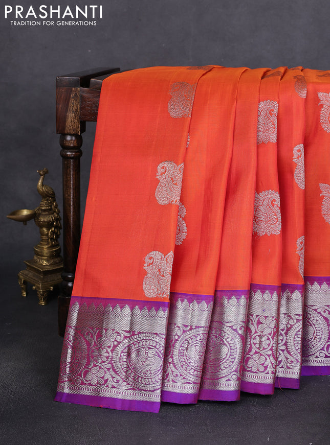Venkatagiri silk saree orange and purple with silver zari woven buttas and silver zari woven border