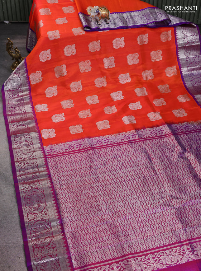 Venkatagiri silk saree orange and purple with silver zari woven buttas and silver zari woven border