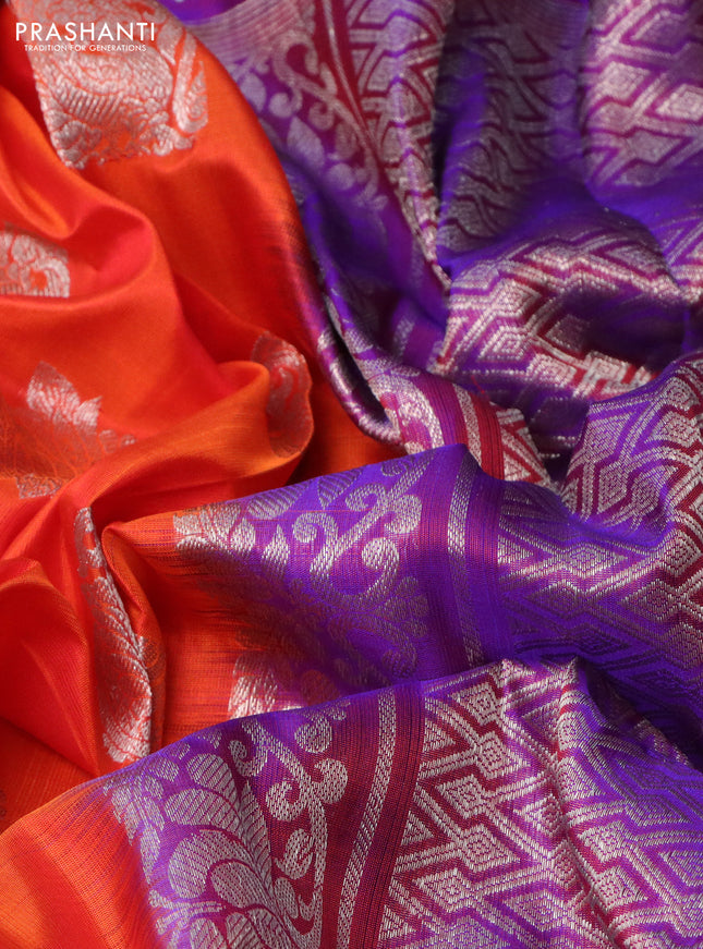 Venkatagiri silk saree orange and purple with silver zari woven buttas and silver zari woven border