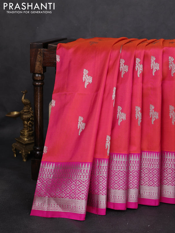 Venkatagiri silk saree dual shade of pinkish orange and pink with silver zari woven buttas and silver zari woven border