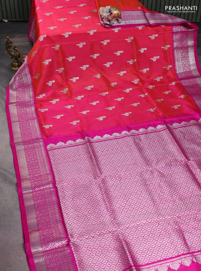 Venkatagiri silk saree dual shade of pinkish orange and pink with silver zari woven buttas and silver zari woven border