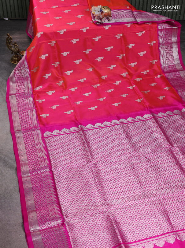 Venkatagiri silk saree dual shade of pinkish orange and pink with silver zari woven buttas and silver zari woven border