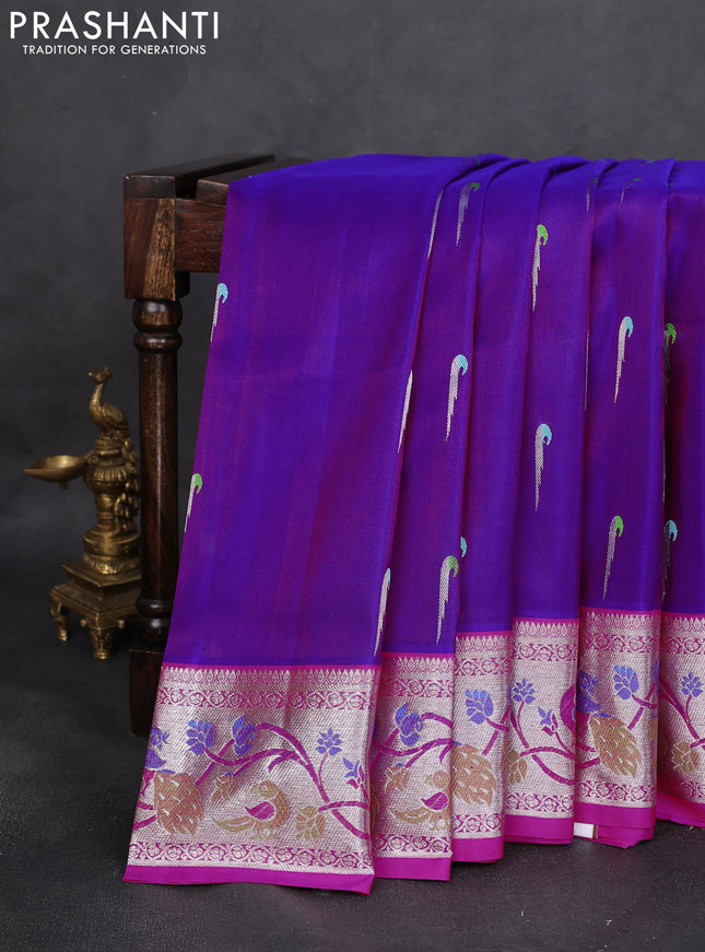 Venkatagiri silk saree purple and pink with zari woven muniya buttas and silver zari woven paithani style border