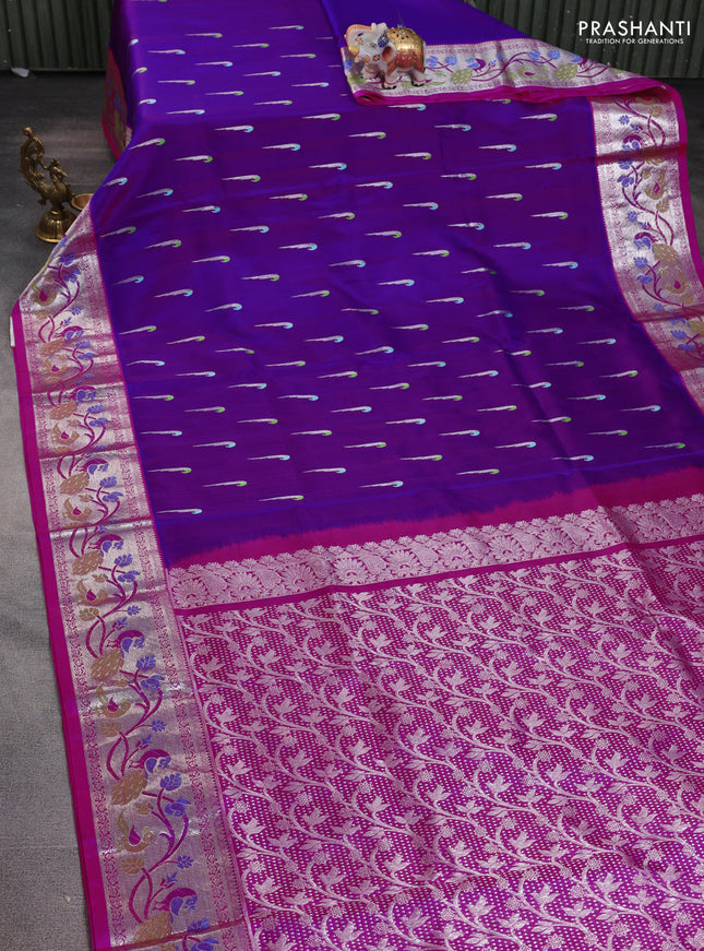 Venkatagiri silk saree purple and pink with zari woven muniya buttas and silver zari woven paithani style border