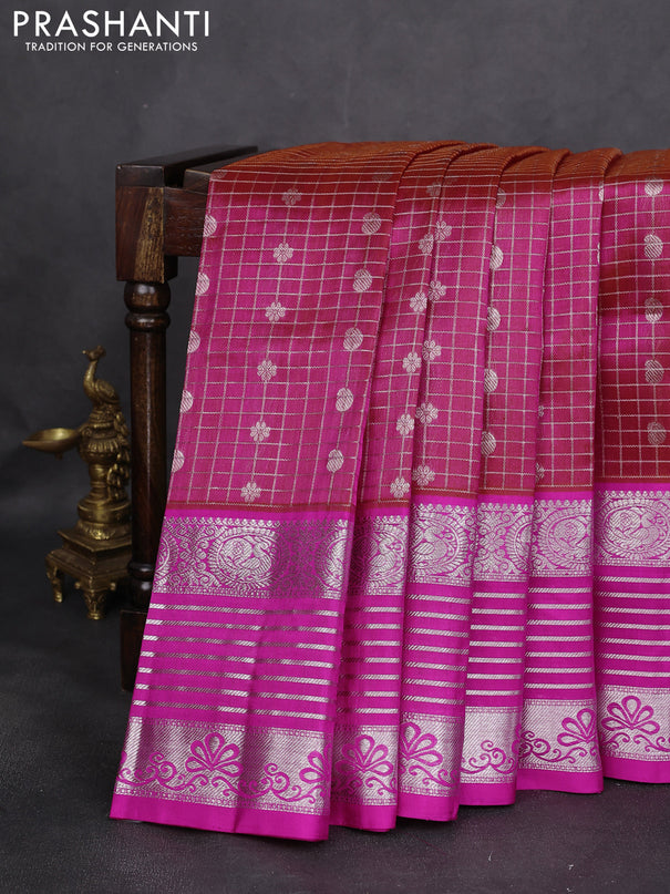 Venkatagiri silk saree dual shade of pinkish orange and pink with allover silver zari checks & buttas and long silver zari woven border