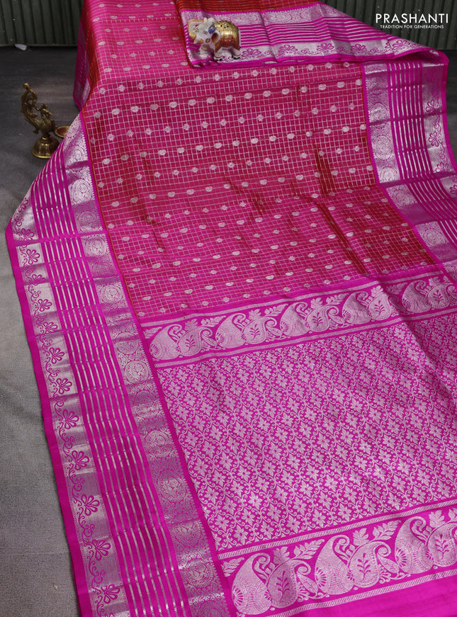 Venkatagiri silk saree dual shade of pinkish orange and pink with allover silver zari checks & buttas and long silver zari woven border