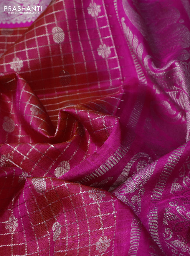 Venkatagiri silk saree dual shade of pinkish orange and pink with allover silver zari checks & buttas and long silver zari woven border