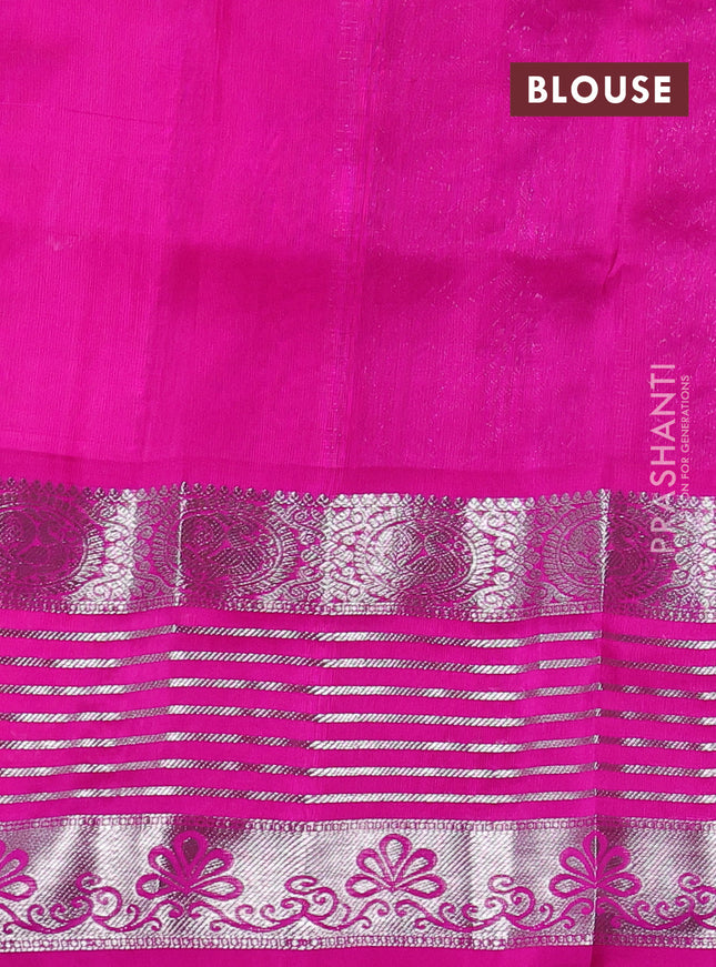 Venkatagiri silk saree dual shade of pinkish orange and pink with allover silver zari checks & buttas and long silver zari woven border
