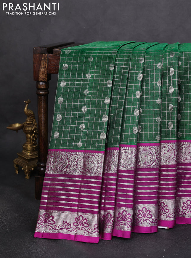Venkatagiri silk saree green and purple with allover silver zari checks & buttas and long silver zari woven border