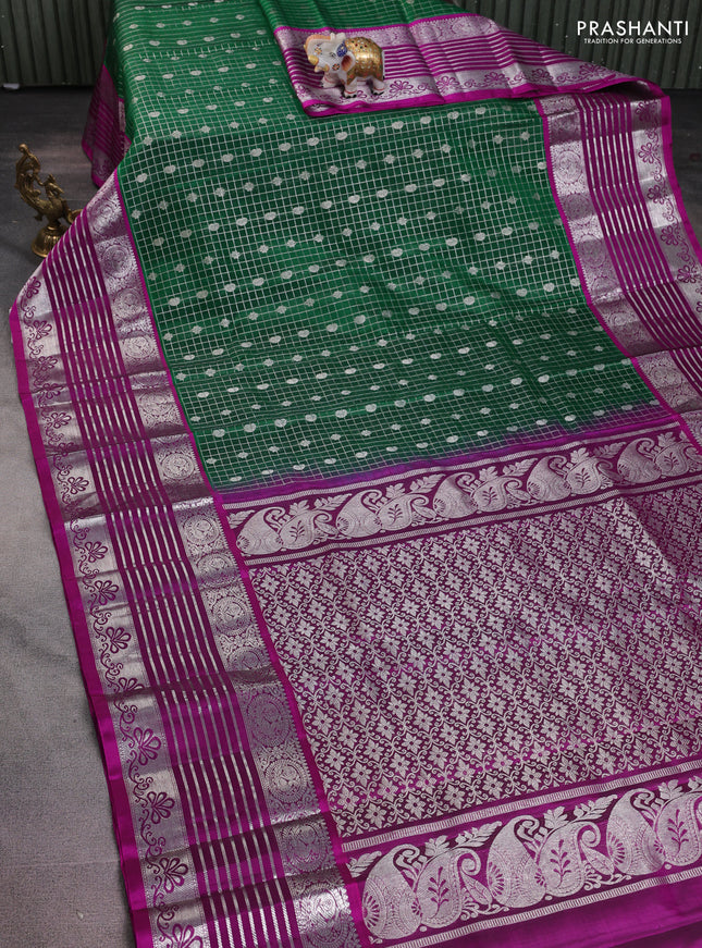 Venkatagiri silk saree green and purple with allover silver zari checks & buttas and long silver zari woven border