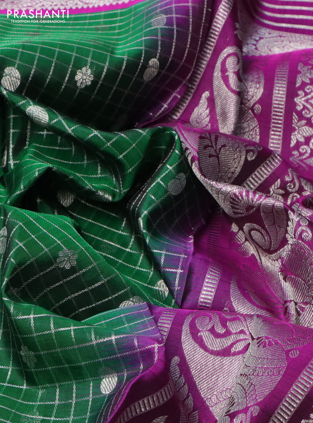 Venkatagiri silk saree green and purple with allover silver zari checks & buttas and long silver zari woven border