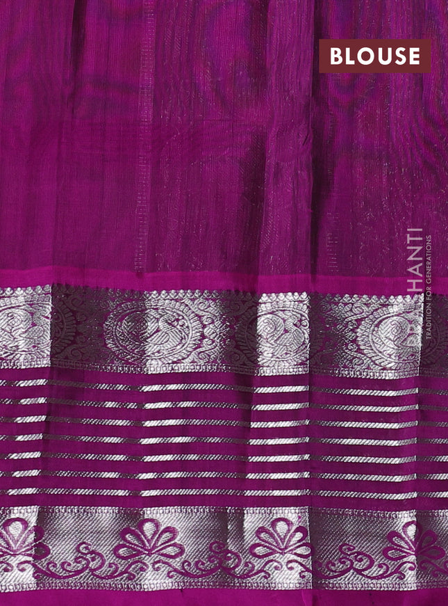 Venkatagiri silk saree green and purple with allover silver zari checks & buttas and long silver zari woven border