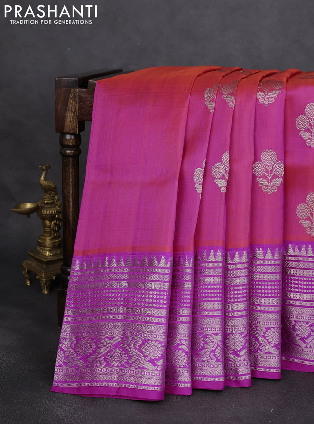 Venkatagiri silk saree dual shade of pinkish orange and pink with silver zari woven floral buttas and long silver zari woven border