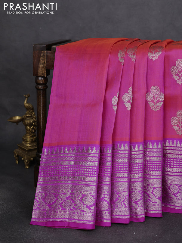 Venkatagiri silk saree dual shade of pinkish orange and pink with silver zari woven floral buttas and long silver zari woven border