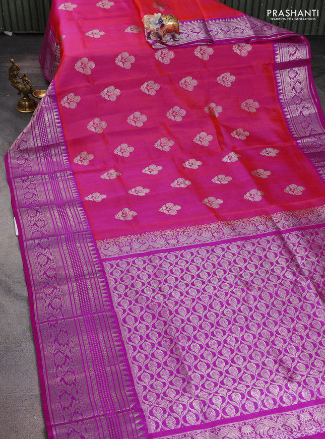 Venkatagiri silk saree dual shade of pinkish orange and pink with silver zari woven floral buttas and long silver zari woven border
