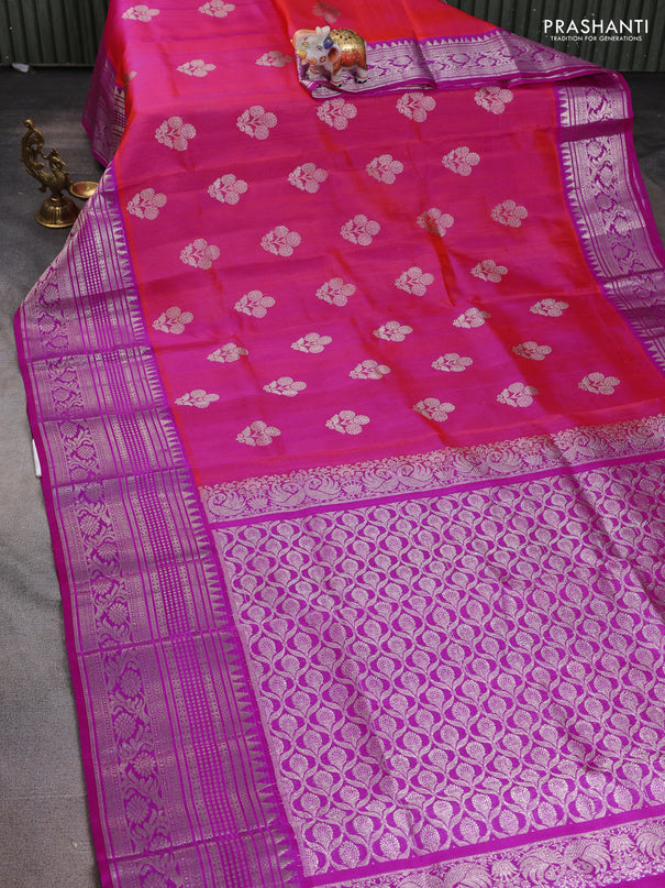Venkatagiri silk saree dual shade of pinkish orange and pink with silver zari woven floral buttas and long silver zari woven border