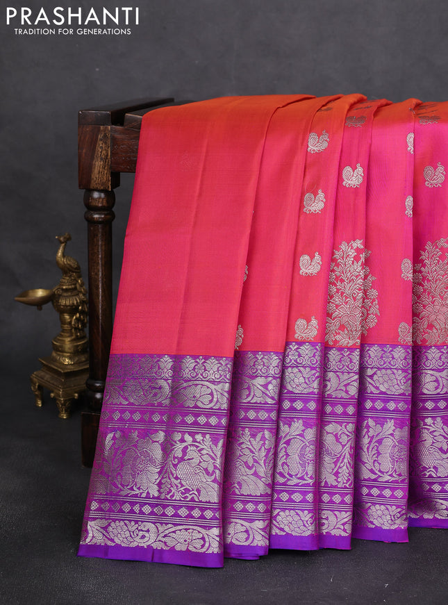 Venkatagiri silk saree dual shade of pinkish orange and purple with annam silver zari woven buttas and silver zari woven border