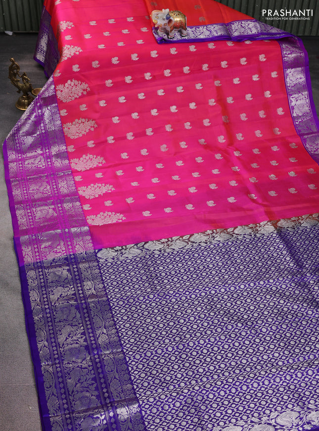Venkatagiri silk saree dual shade of pinkish orange and purple with annam silver zari woven buttas and silver zari woven border