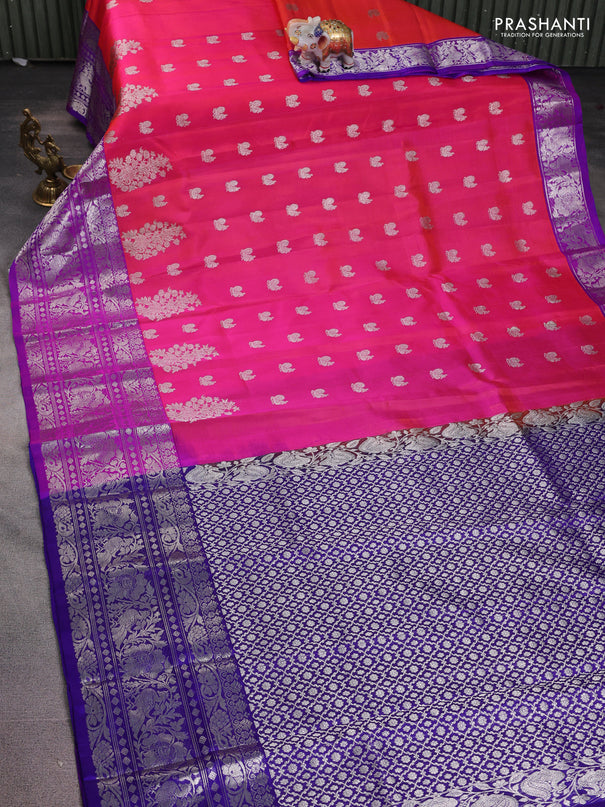Venkatagiri silk saree dual shade of pinkish orange and purple with annam silver zari woven buttas and silver zari woven border