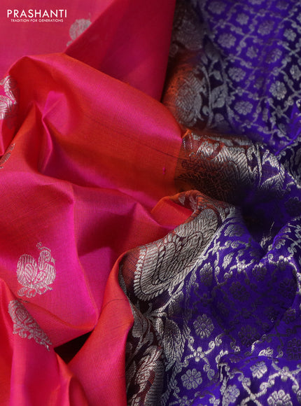 Venkatagiri silk saree dual shade of pinkish orange and purple with annam silver zari woven buttas and silver zari woven border