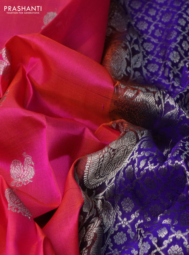 Venkatagiri silk saree dual shade of pinkish orange and purple with annam silver zari woven buttas and silver zari woven border