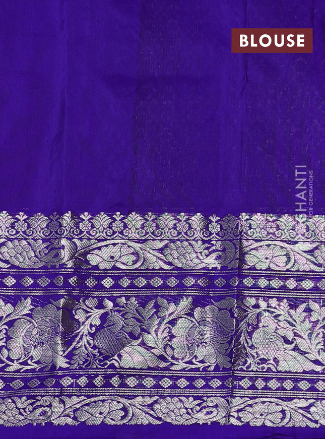 Venkatagiri silk saree dual shade of pinkish orange and purple with annam silver zari woven buttas and silver zari woven border