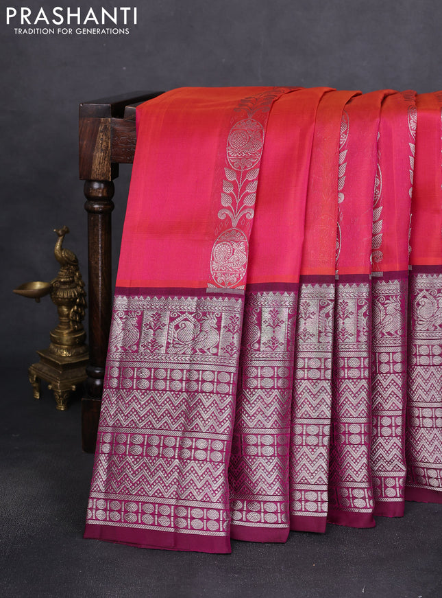Venkatagiri silk saree pink and purple with allover silver zari weaves and long silver zari woven border