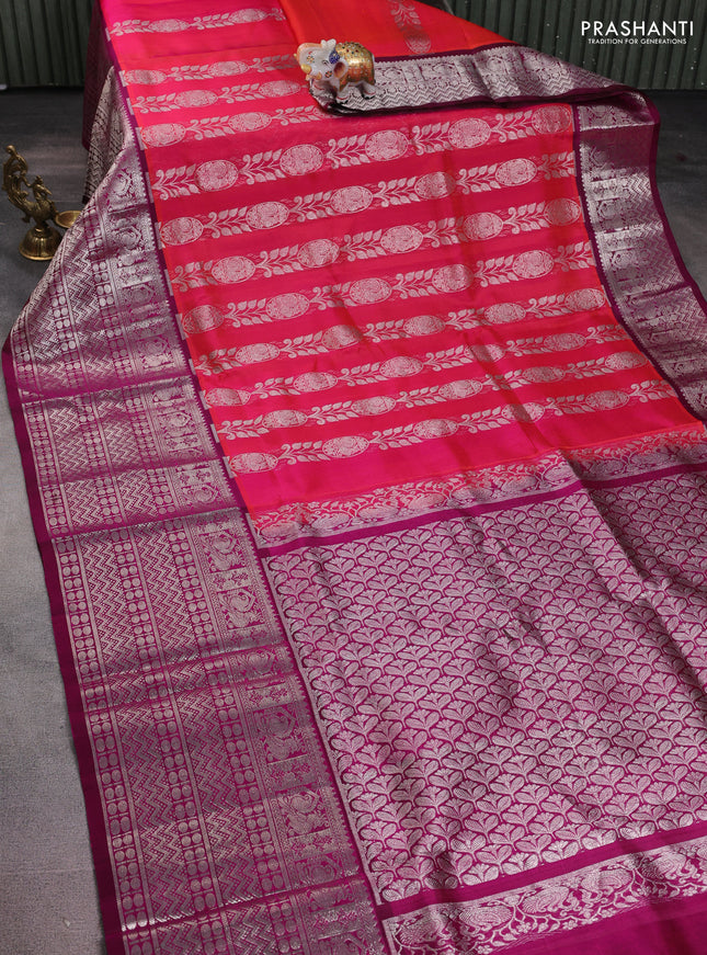 Venkatagiri silk saree pink and purple with allover silver zari weaves and long silver zari woven border