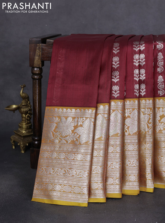 Venkatagiri silk saree maroon and mustard shade with allover silver zari weaves and long silver zari woven border