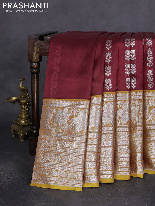 Venkatagiri silk saree maroon and mustard shade with allover silver zari weaves and long silver zari woven border