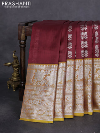 Venkatagiri silk saree maroon and mustard shade with allover silver zari weaves and long silver zari woven border