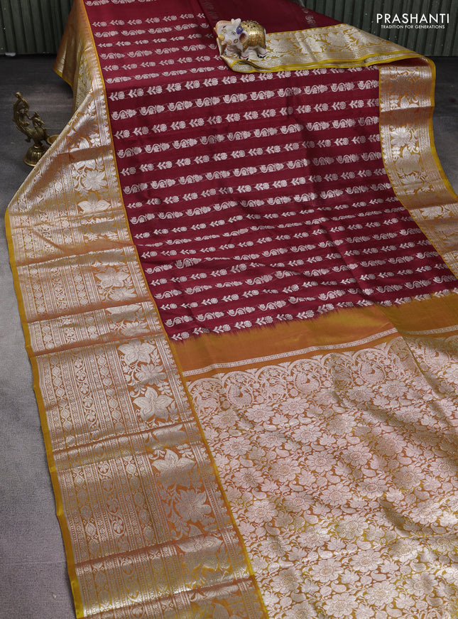 Venkatagiri silk saree maroon and mustard shade with allover silver zari weaves and long silver zari woven border