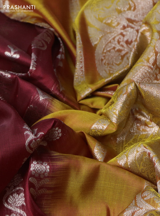 Venkatagiri silk saree maroon and mustard shade with allover silver zari weaves and long silver zari woven border