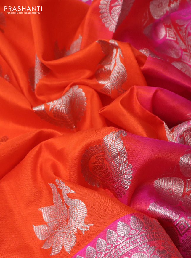 Venkatagiri silk saree orange and pink with silver zari woven buttas and long silver zari woven border