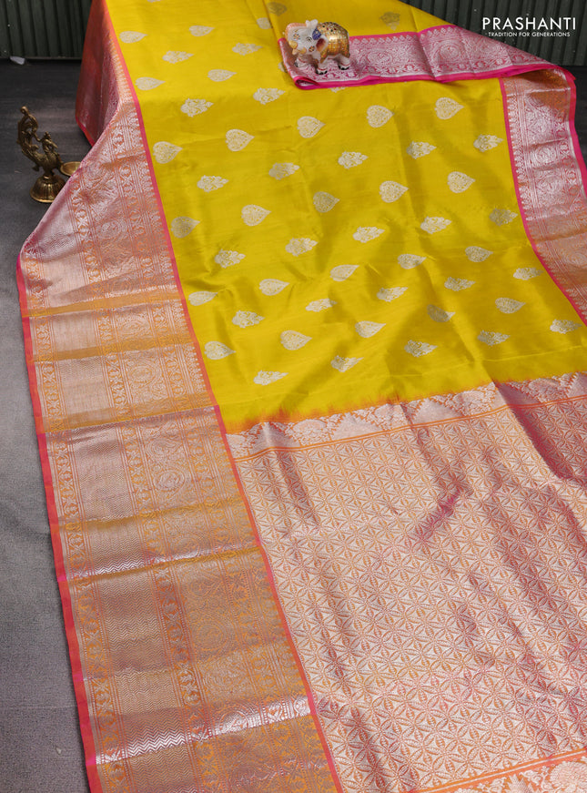 Venkatagiri silk saree yellow and peach pink with silver zari woven buttas and long silver zari woven border