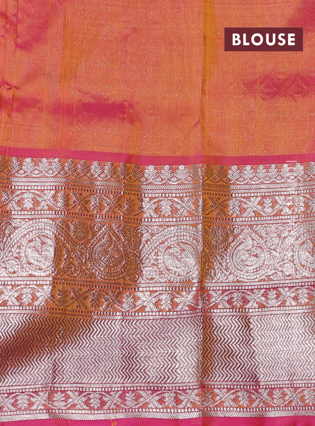 Venkatagiri silk saree yellow and peach pink with silver zari woven buttas and long silver zari woven border