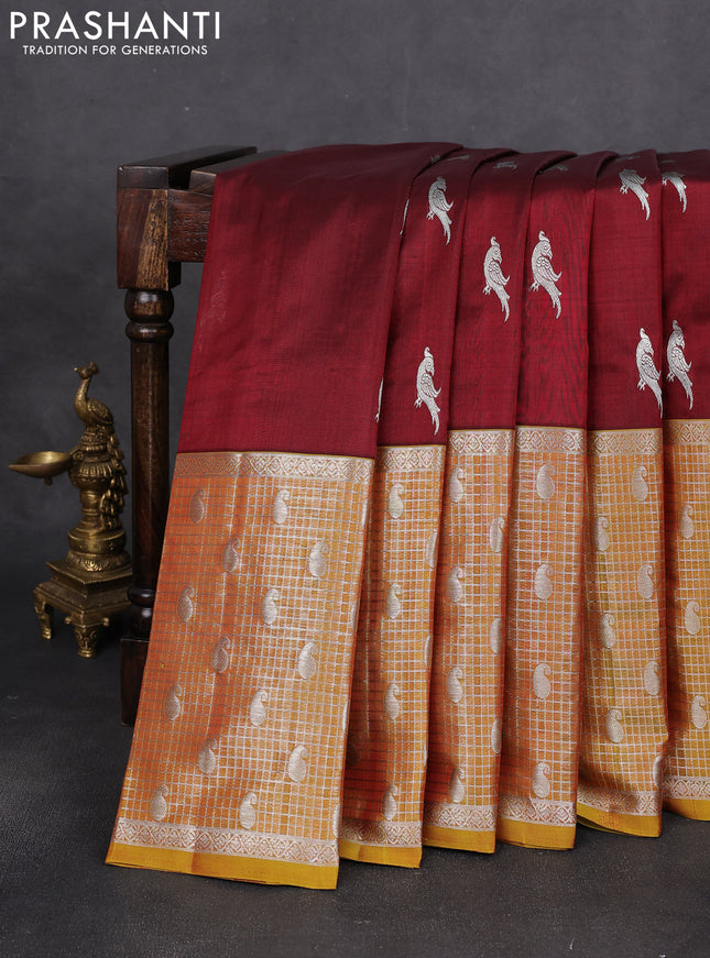 Venkatagiri silk saree maroon and yellow shade with silver zari woven buttas and long silver zari checked border