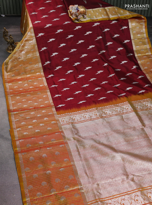 Venkatagiri silk saree maroon and yellow shade with silver zari woven buttas and long silver zari checked border