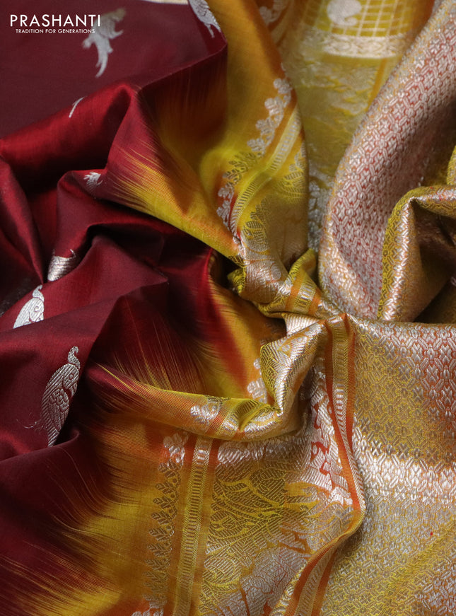 Venkatagiri silk saree maroon and yellow shade with silver zari woven buttas and long silver zari checked border