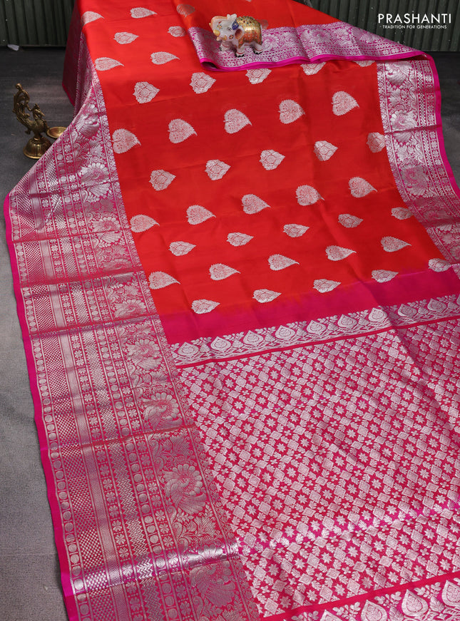 Venkatagiri silk saree red and pink with silver zari woven buttas and long silver zari woven border