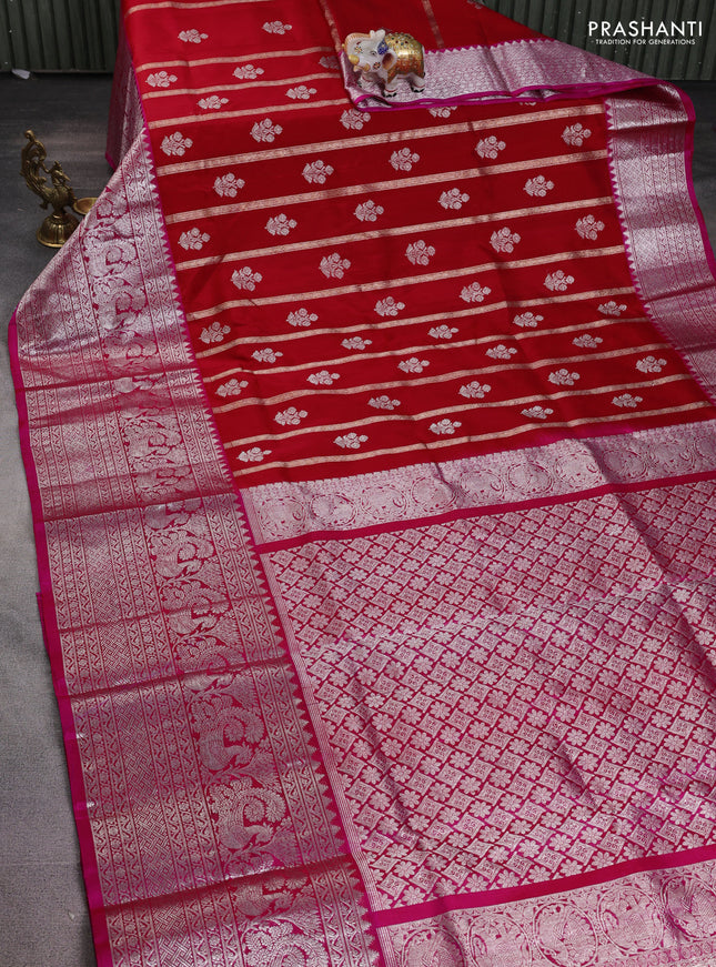 Venkatagiri silk saree red and pink with allover zari weaves & buttas and long silver zari woven border
