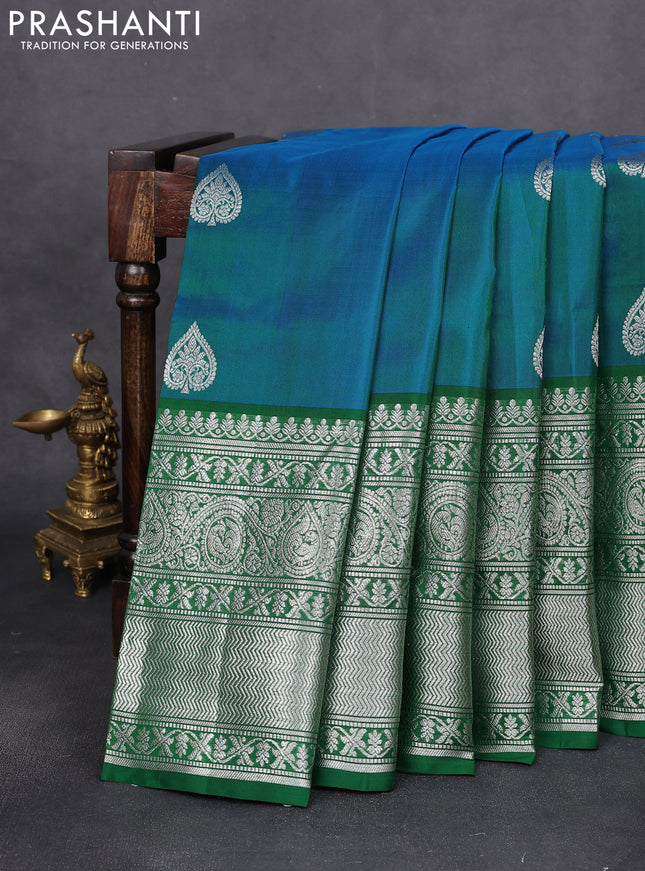 Venkatagiri silk saree dual shade of teal blue and green with silver zari woven buttas and long silver zari woven border