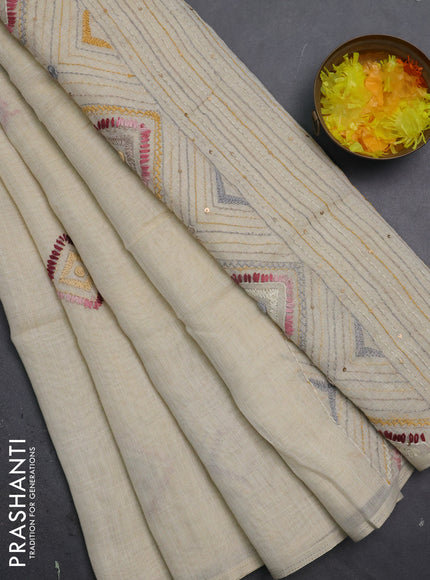 Tissue linen cotton saree cream and grey with embroidery buttas and embroidery pallu