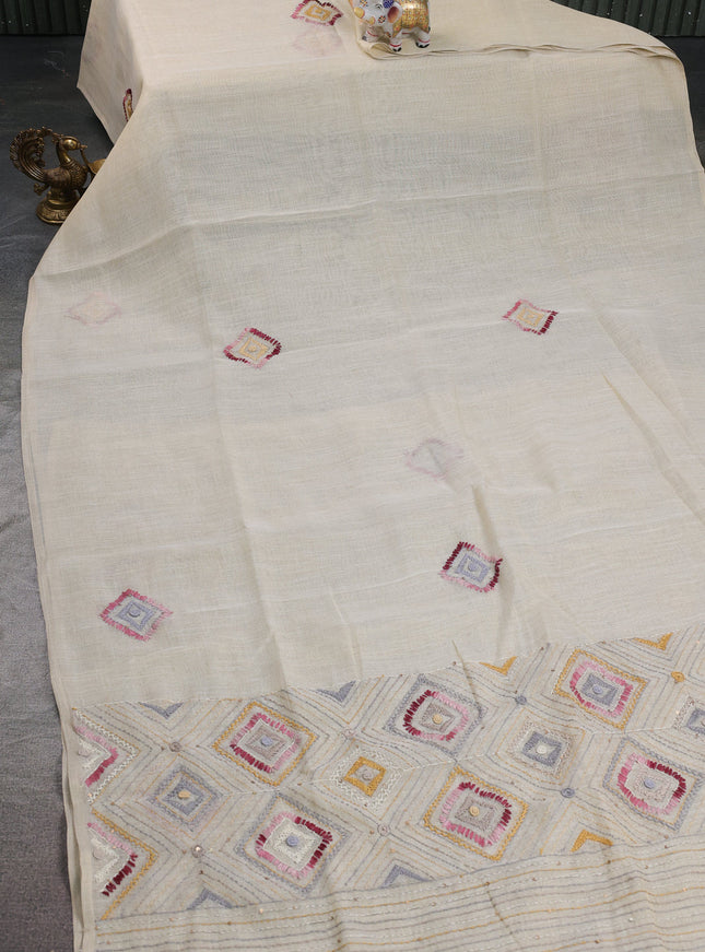 Tissue linen cotton saree cream and grey with embroidery buttas and embroidery pallu