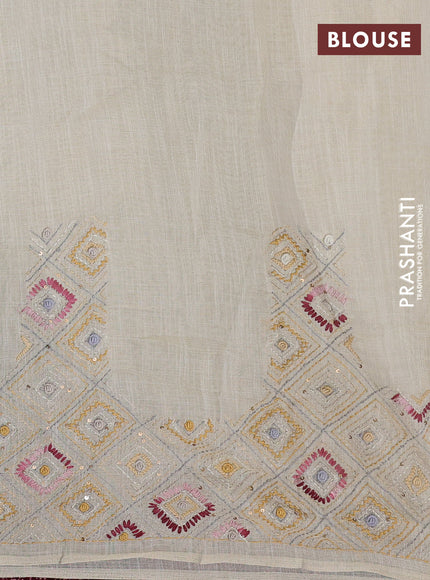 Tissue linen cotton saree cream and grey with embroidery buttas and embroidery pallu