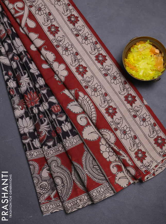 Kalamkari cotton saree black and beige with allover prints and printed border