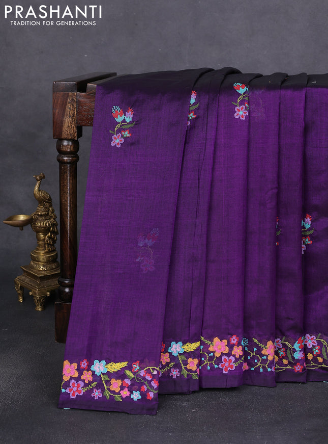 Silk cotton saree violet with floral embroidery buttas and embroidery border